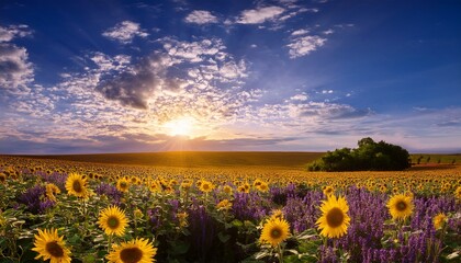 Fototapeta premium Beautiful landscape with sunflower field behind lavender field over blue sky