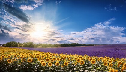 Fototapeta premium Beautiful landscape with sunflower field behind lavender field over blue sky