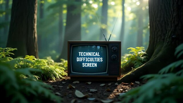 Vintage TV Showing Technical Difficulties Screen in Forest Scene