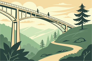 102 Elevated golden bridge, winding mountain path, lush green landscape, misty valleys, stylized illustration, soft pastel colors, geometric design, perspective view, architectural marvel, tiny people