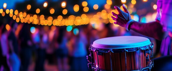 Percussionist ignites the night at vibrant celebration under festoon illumination
