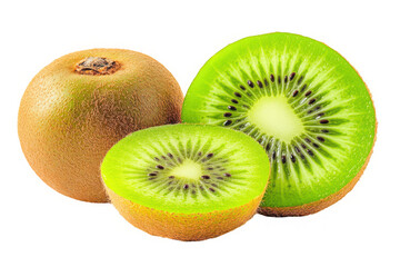 Close up of whole and sliced kiwi fruits, vibrant colors on transparent background