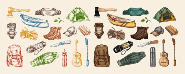 Hand drawn vintage sketch of travel, camping and hiking gear in colorful and outline versions including canoe, backpack, boots and knife on light background