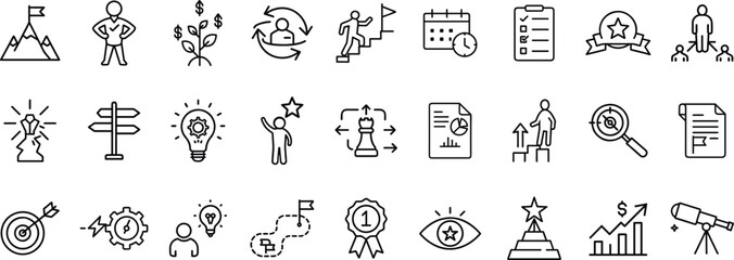 Personal Development and Leadership Icon Set – Includes Icons for Goal Achievement, Financial Growth, Career, Planning, Task Management, Strategy, Innovation, Leadership, Decision Making, Productivity