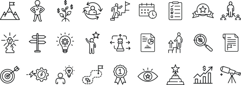 Personal Development and Leadership Icon Set – Includes Icons for Goal Achievement, Financial Growth, Career, Planning, Task Management, Strategy, Innovation, Leadership, Decision Making, Productivity