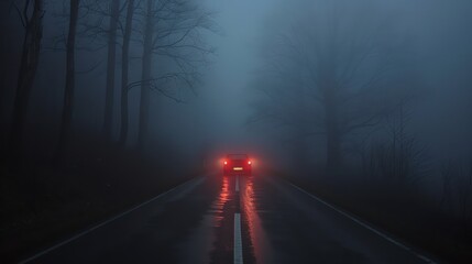 The road is shrouded in a thick fog, making it difficult to see more than a few feet ahead.