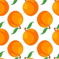 Seamless peach fruit pattern with green leaf on white background in cartoon. Sweet vibrant summer design ideal for fabric, wallpaper, kitchen decor, healthy, natural and juicy food illustration.