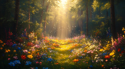 Vibrant forest with colorful flowers and sunlight creating a magical atmosphere

