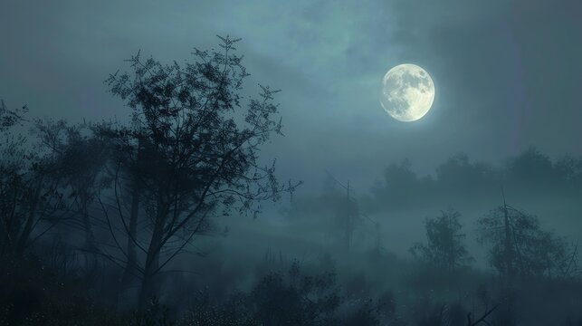 This is a beautiful landscape photo of a full moon rising over a misty forest. The moon is bright and full, and the mist is soft and ethereal.