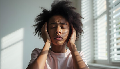 Neurodivergent autistic black teenager female girl covering ears, autism spectrum sensory overload, hypersensitivity, distress, overwhelming sensory input facial expression