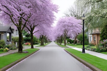 A cul-de-sac in spring with flowering trees and neighbors gardening