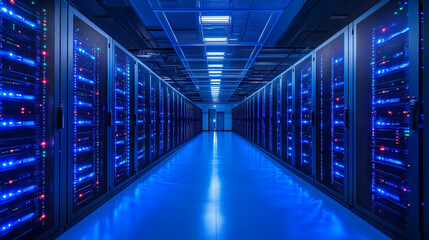 近未来的なデータセンターのサーバールーム内部

