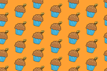 pink cupcake with melted chocolate, cherry illustration colorful pattern on blue background. cupcake with chocolate doodle seamless pattern. muffin tasty dessert pattern wallpaper for bakery 