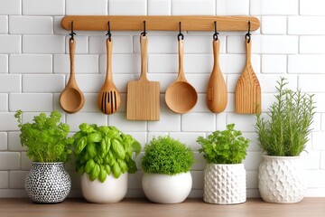 A kitchen corner with herb garden and cooking utensils hanging neatly
