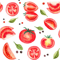 Watercolor seamless pattern with tomatoes and leaves..