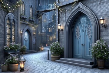 Fototapeta premium A mysterious neighborhood alley with gothic archways and flickering lanterns