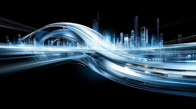 Futuristic City Pulse. Blue light trails form an abstract bridge over a glowing cityscape, blending motion and architecture in a sleek, high-tech urban vision, black background.  