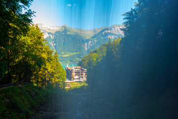 The Historical Grandhotel Giessbach on the Mountain Side with Waterfall in Brienz, Bern Canton, Switzerland.