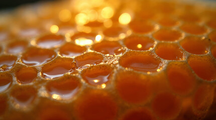 Close-up of glistening honeycomb cells with golden honey