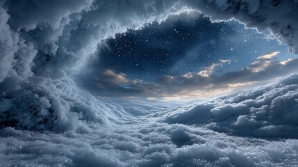 Celestial Cave Snowy Cloudscape with Starry Night.