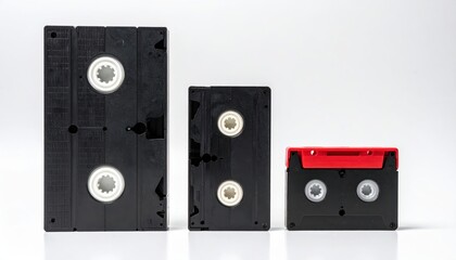 Fototapeta premium Three vintage cassette tapes of varying sizes, showcasing their classic design against a clean, white background