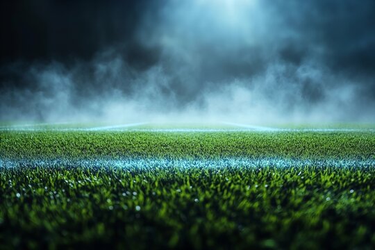 Neon fog envelops center midfield on the textured soccer game field