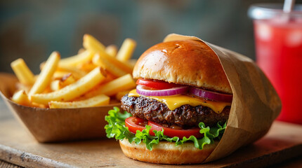 Juicy cheeseburger with fries and drink at gastrobar