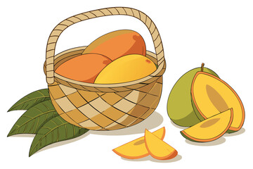 106 Photorealistic still life, woven basket filled with ripe mangoes, vibrant yellow and orange fruits, green mango leaves, sliced mango pieces, soft lighting, high detail, food photography, white bac