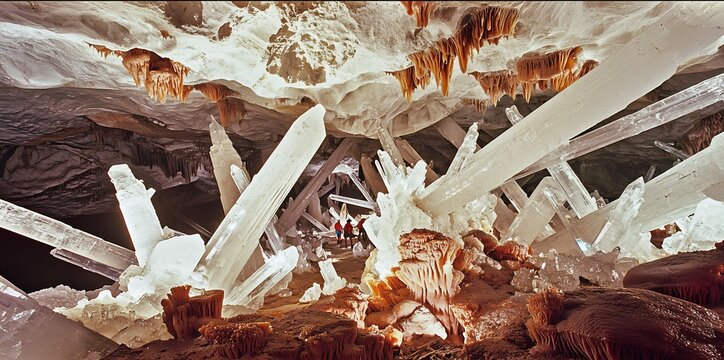 Glowing crystal cavern filled enormous shimmering stalagmites and stalactites cinematic underground wonder