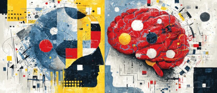 Abstract brain art with human head silhouette, colorful painting representing mental health, artificial intelligence and cognitive function