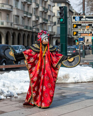 Disguised Person with Chinese Fans - Annecy Venetian Carnival 2013