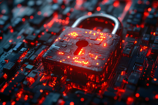 Cybersecurity concept with digital padlock and American flag.