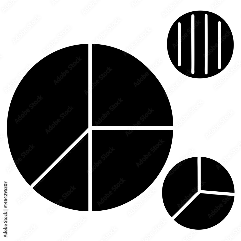 Poster black and white pie chart diagram with sections and lines for data visualization and presentation us