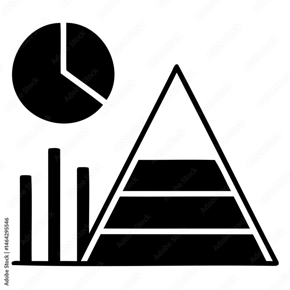 Poster infographic design showing pyramid chart, bar graph and pie chart for data analysis and presentation