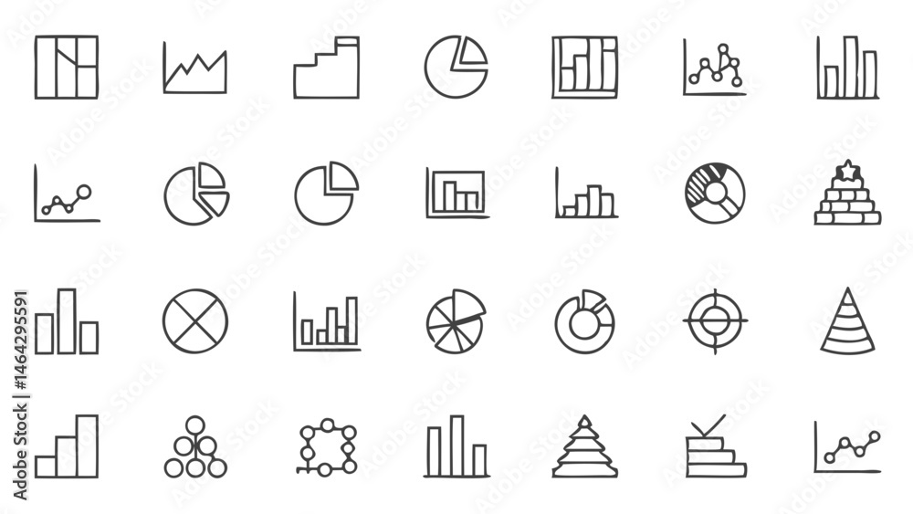 Poster collection of hand drawn business data visualization charts and graphs for presentation and reportin