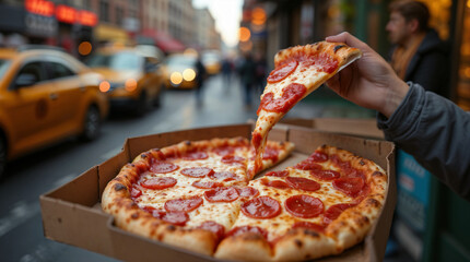 Grabbing a slice of pepperoni pizza on a busy city street