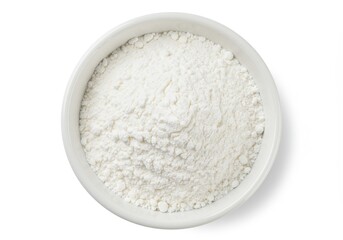 Close-up of white flour in a white bowl, viewed from above on a white background, showcasing its texture