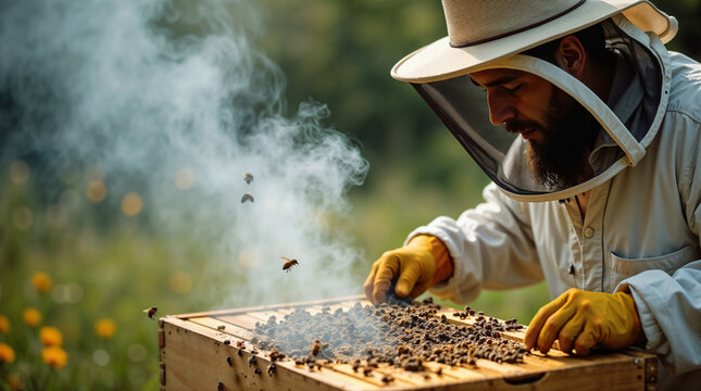 Beekeeper in protective suit tending to beehive outdoors