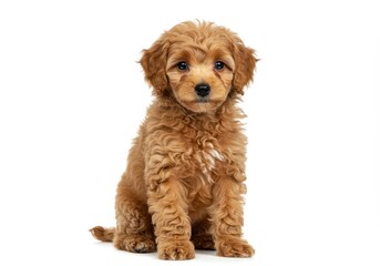 Adorable goldendoodle puppy sitting attentively on a white background looking at the viewer