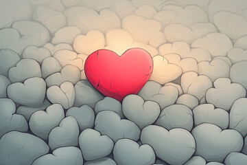 A single red heart stands out among grey hearts