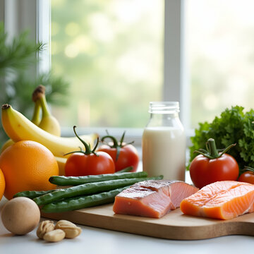 Healthy Balanced Diet Food Ingredients on Wooden Table