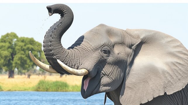 Magnificent african elephant in the wild, drinking water in the river under the sun