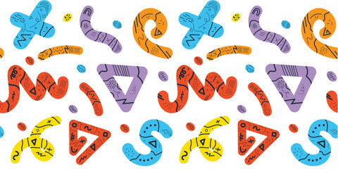 Bright and cheerful doodle background with squiggles, abstract shapes, and textured lines. Ideal for kids posters, party themes, and creative prints.