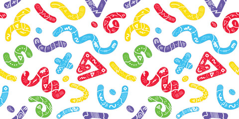 Minimalist doodle background with soft squiggles and colourful abstract elements. A seamless texture perfect for fabric, kids, and modern decor.