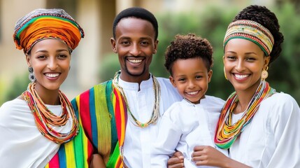 Happy ethiopian family in traditional attire.