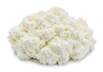 A heap of fresh white cottage cheese with a lumpy texture sits on a white background in a studio shot