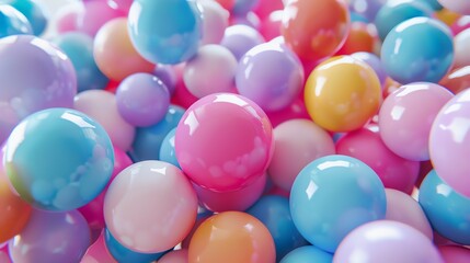 A lot of colorful balls. Pink, blue, yellow, green, purple. They are all different sizes. The balls are shiny and reflective.