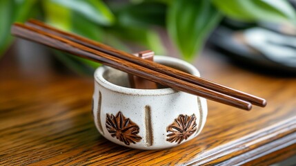Chopsticks Resting in Ceramic Dish
