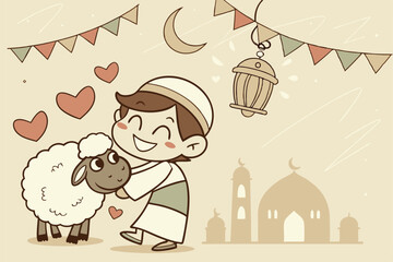 42 Eid Al-Adha Mubarak greeting card, joyful cartoon boy in traditional clothing, cute cartoon sheep, colorful festive bunting, Islamic lantern, golden mosque silhouette, beige textured background, ha