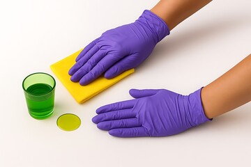 purple rubber gloves cleaning with yellow cloth and green liquid in a glass colorful cleaning concept